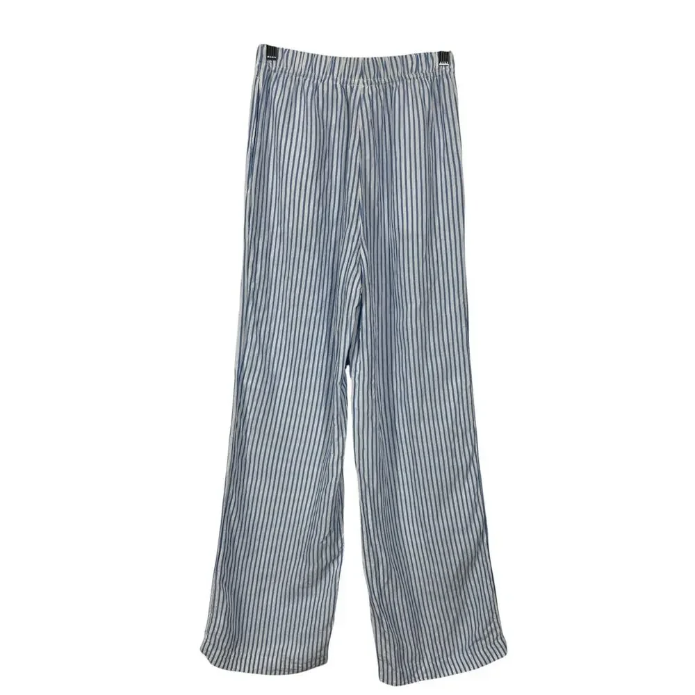 H&M Linen Blend Wide Leg Striped High Rise Pull On Pants Blue White Size XS